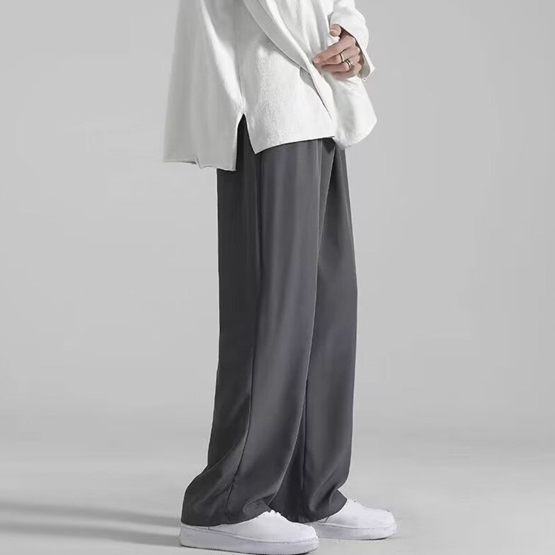 Ljetne tanke ravne široke, ležerne muške hlače s elastičnim strukom, ledena svila, prozračna prevlaka, široke nogavice, duge široke hlače, trenirka