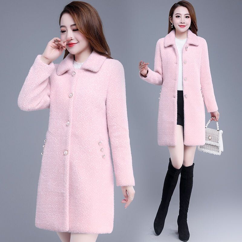 Jachetă de iarnă pentru femei 2022, haină lungă, lungă, imitație de nurcă, din lână, din catifea, din bumbac gros, căptușită, haină de lână, elegantă, roz