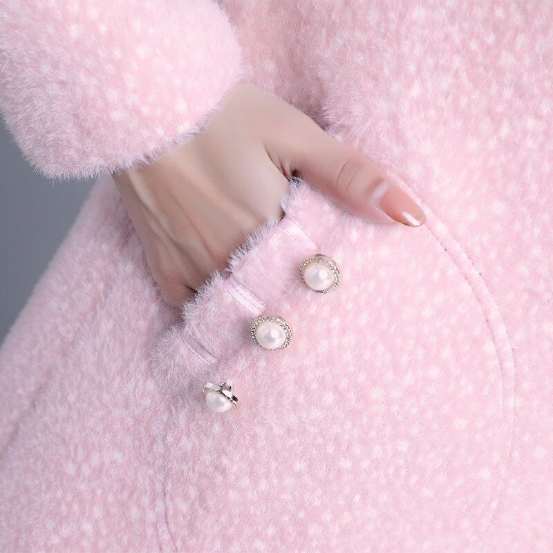 Jachetă de iarnă pentru femei 2022, haină lungă, lungă, imitație de nurcă, din lână, din catifea, din bumbac gros, căptușită, haină de lână, elegantă, roz