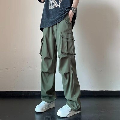 2024 Salopetă cu talie verde militară, pantaloni pentru băieți, largi, cu picioare drepte, cu mai multe buzunare, pantaloni pentru bărbați, pantaloni de sport casual, pantaloni de sport