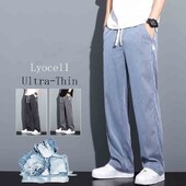 Pánske nové letné vrecovité rovné nohavice so širokými nohavicami, sťahovateľné s elastickým pásom, ležérne nohavice, tenké mäkké lyocellové džínsy, plus veľkosť