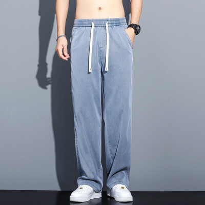 Pánske nové letné vrecovité rovné nohavice so širokými nohavicami, sťahovateľné s elastickým pásom, ležérne nohavice, tenké mäkké lyocellové džínsy, plus veľkosť