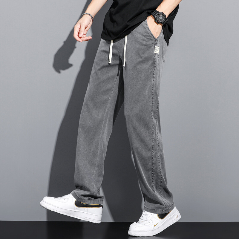 Pánske nové letné vrecovité rovné nohavice so širokými nohavicami, sťahovateľné s elastickým pásom, ležérne nohavice, tenké mäkké lyocellové džínsy, plus veľkosť