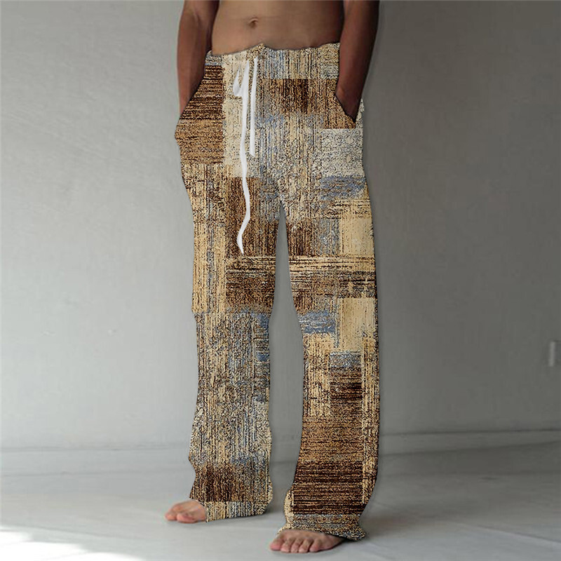 Pantaloni largi pentru bărbați, de vară, vintage, în carouri, pantaloni largi de plajă, imprimați 3D, hawaiani Pantaloni largi de modă