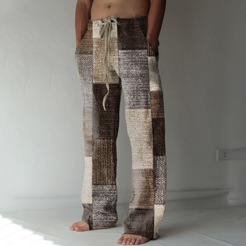 Pantaloni largi pentru bărbați, de vară, vintage, în carouri, pantaloni largi de plajă, imprimați 3D, hawaiani Pantaloni largi de modă