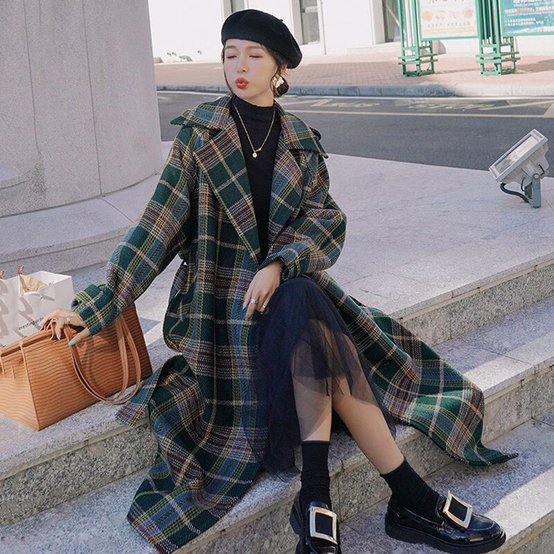 Topli karirani kaput od mješavine vune srednje dužine Ženski debeli ulični kaput s dvostrukim kopčanjem Zimske nove šik vunene korejske jakne