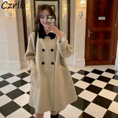 Women Blends Peter Pan Collar Temperament French Style Coats Long Basics Elegant Female Stylish Cute Students Overcoats Chic