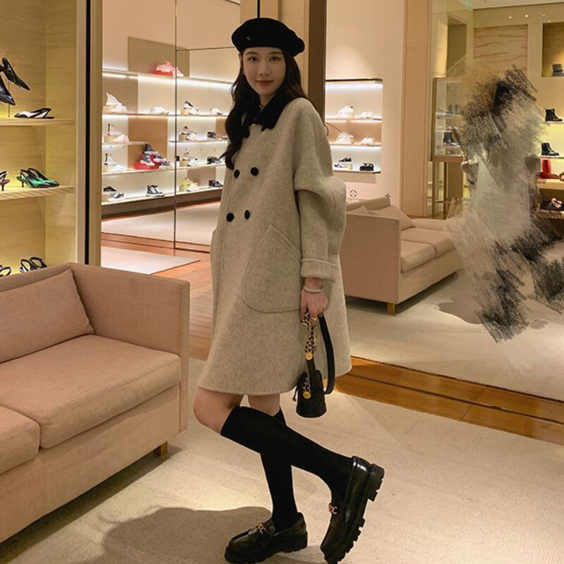 Γυναικεία μείγματα γιακά Peter Pan Ιδιοσυγκρασία Παλτό γαλλικού στυλ Μακριά βασικά Κομψά Γυναικεία κομψά χαριτωμένα φοιτητικά πανωφόρια Κομψά