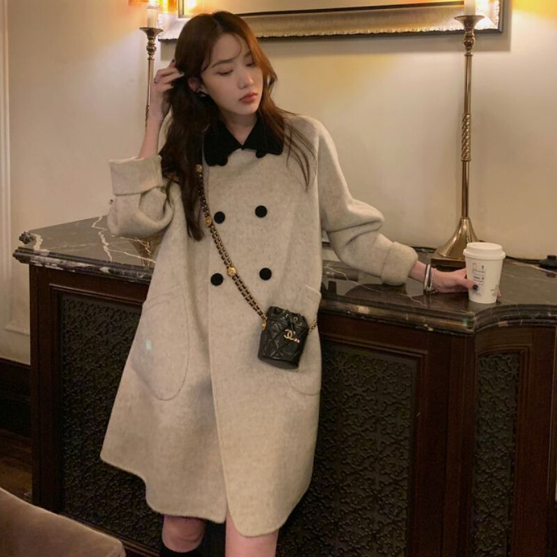 Γυναικεία μείγματα γιακά Peter Pan Ιδιοσυγκρασία Παλτό γαλλικού στυλ Μακριά βασικά Κομψά Γυναικεία κομψά χαριτωμένα φοιτητικά πανωφόρια Κομψά