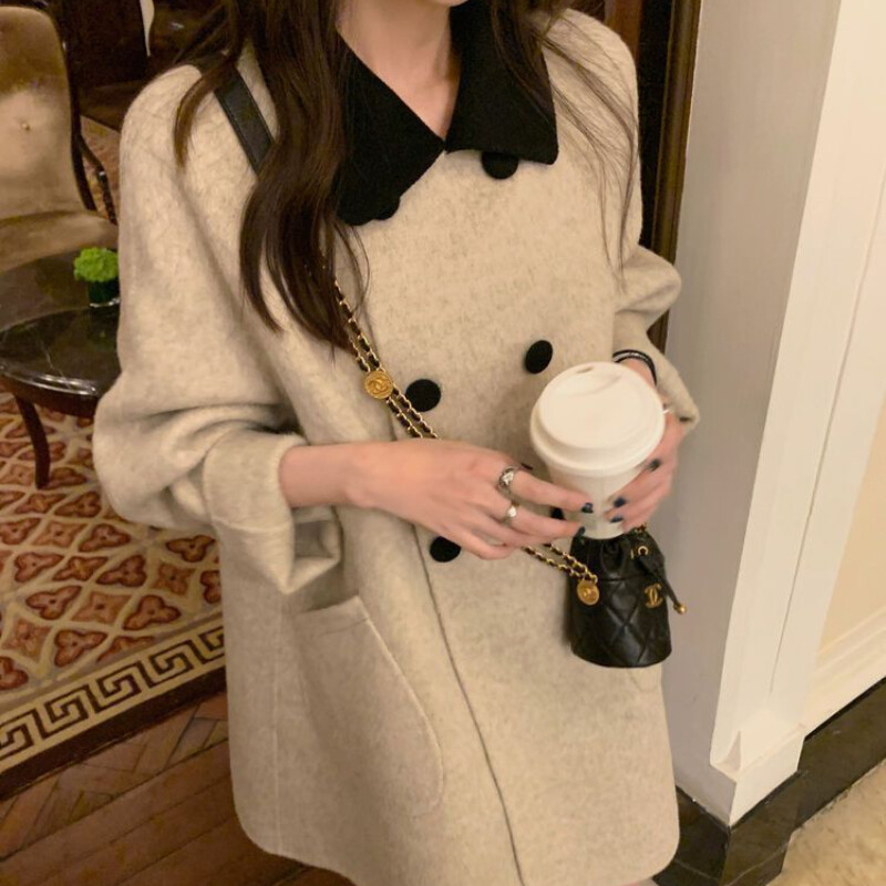 Γυναικεία μείγματα γιακά Peter Pan Ιδιοσυγκρασία Παλτό γαλλικού στυλ Μακριά βασικά Κομψά Γυναικεία κομψά χαριτωμένα φοιτητικά πανωφόρια Κομψά