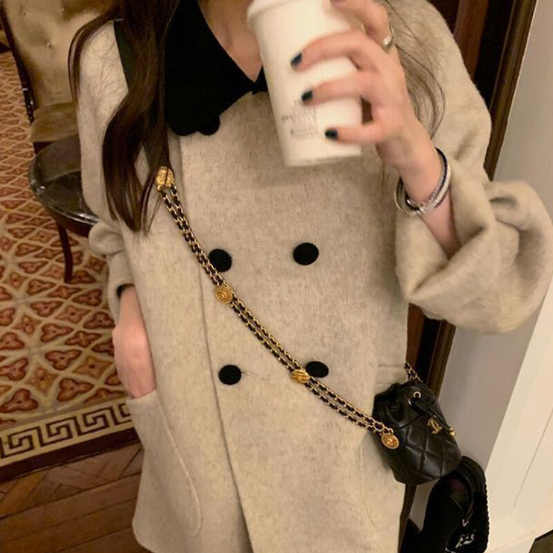 Γυναικεία μείγματα γιακά Peter Pan Ιδιοσυγκρασία Παλτό γαλλικού στυλ Μακριά βασικά Κομψά Γυναικεία κομψά χαριτωμένα φοιτητικά πανωφόρια Κομψά