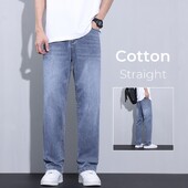 Καλοκαιρινό λεπτό φαρδύ ίσιο τζιν βαμβακερό ανδρικό απλό, μοντέρνο άνετο τζιν παντελόνι για άνδρες σκούρο μπλε
