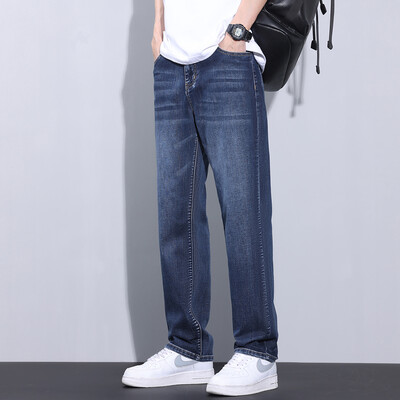 Καλοκαιρινό λεπτό φαρδύ ίσιο τζιν βαμβακερό ανδρικό απλό, μοντέρνο άνετο τζιν παντελόνι για άνδρες σκούρο μπλε