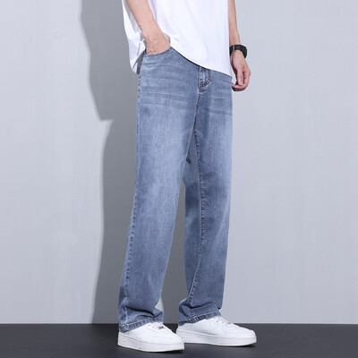 Καλοκαιρινό λεπτό φαρδύ ίσιο τζιν βαμβακερό ανδρικό απλό, μοντέρνο άνετο τζιν παντελόνι για άνδρες σκούρο μπλε