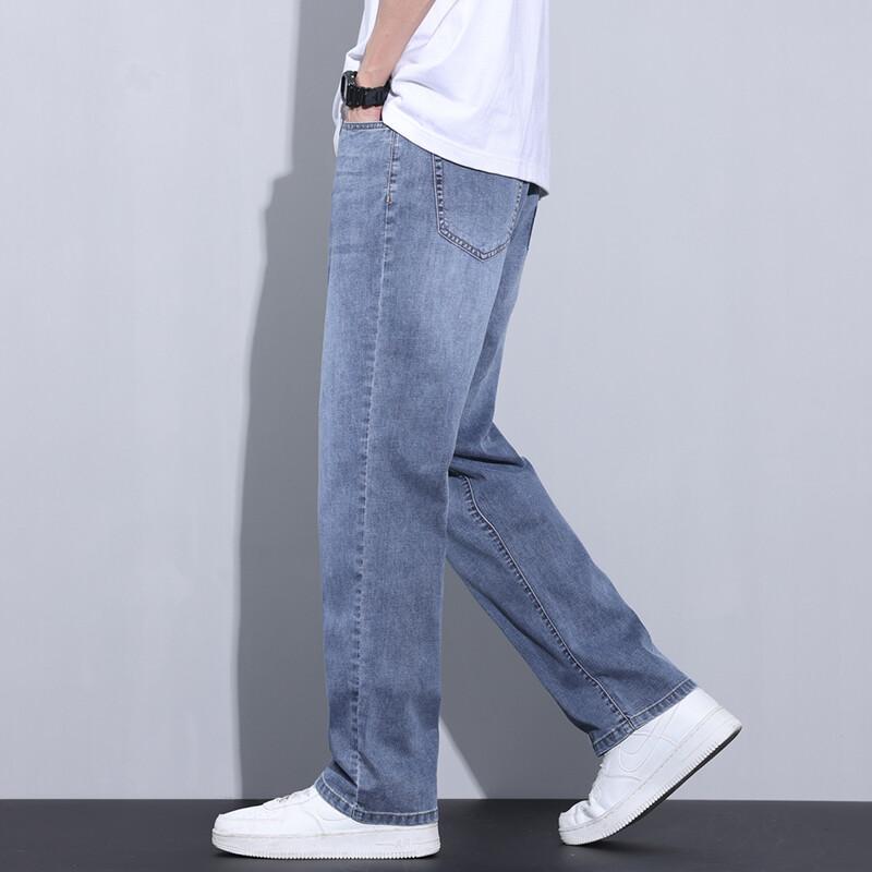 Καλοκαιρινό λεπτό φαρδύ ίσιο τζιν βαμβακερό ανδρικό απλό, μοντέρνο άνετο τζιν παντελόνι για άνδρες σκούρο μπλε