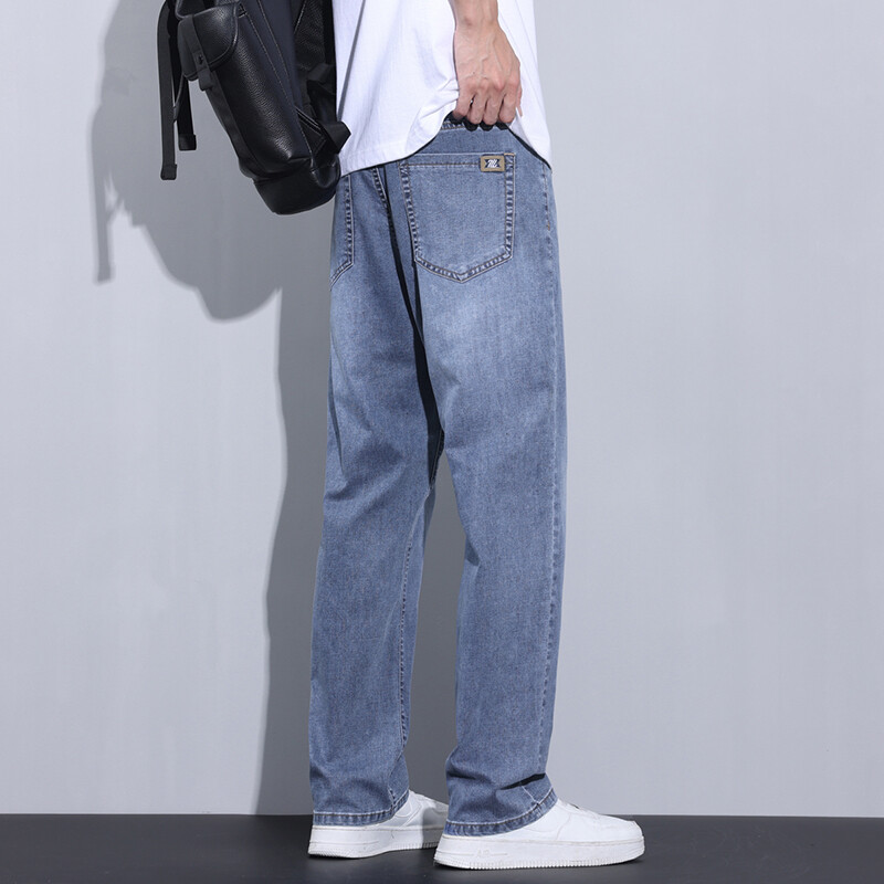 Καλοκαιρινό λεπτό φαρδύ ίσιο τζιν βαμβακερό ανδρικό απλό, μοντέρνο άνετο τζιν παντελόνι για άνδρες σκούρο μπλε