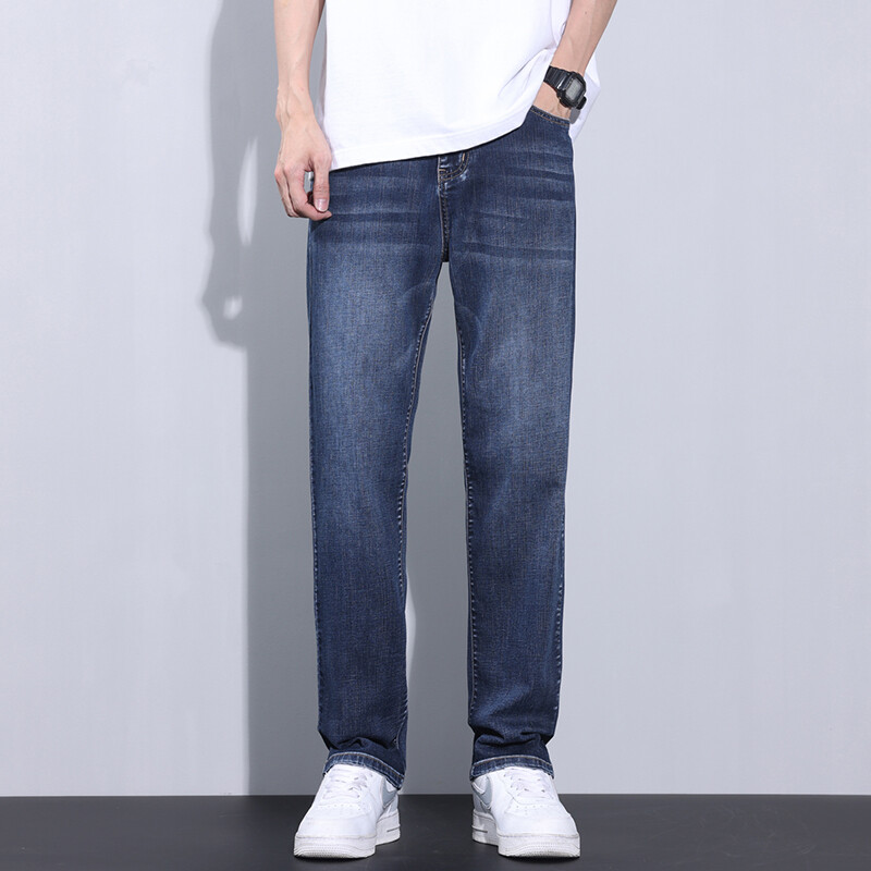Καλοκαιρινό λεπτό φαρδύ ίσιο τζιν βαμβακερό ανδρικό απλό, μοντέρνο άνετο τζιν παντελόνι για άνδρες σκούρο μπλε