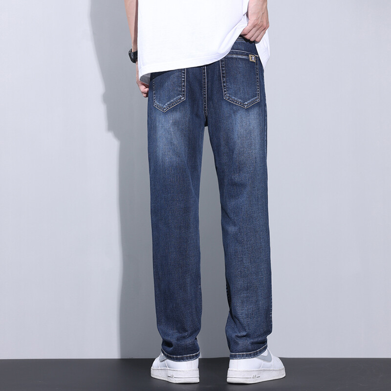 Καλοκαιρινό λεπτό φαρδύ ίσιο τζιν βαμβακερό ανδρικό απλό, μοντέρνο άνετο τζιν παντελόνι για άνδρες σκούρο μπλε