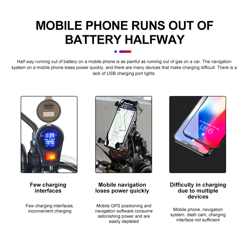 PD QC3.0 motocikla USB ātrā mobilā lādētāja ūdensizturīgs C tipa porta ligzdas savienotājs ar mobilā mobilā voltmetra digitālo uzlādi
