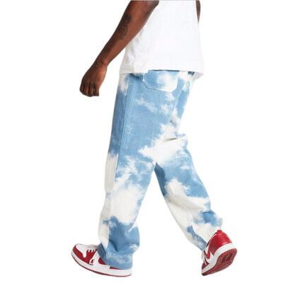 EH·MD® ravne traperice muške široke modro nebo bijeli oblaci ukrasi Trendovske široke nogavice elastične velike veličine izbijeljene velike džepove