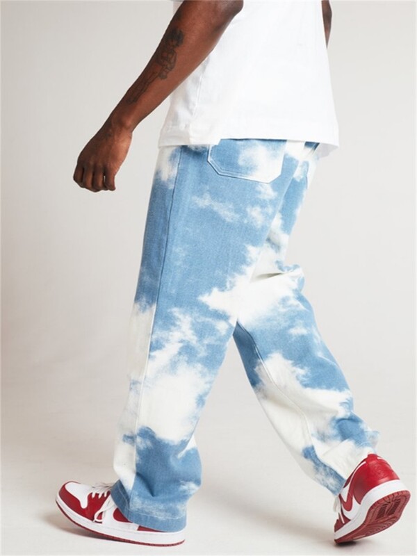 EH·MD® ravne traperice muške široke modro nebo bijeli oblaci ukrasi Trendovske široke nogavice elastične velike veličine izbijeljene velike džepove