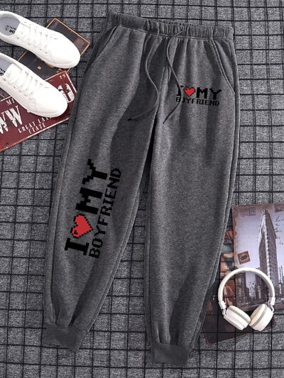 I Love My Boyfriend Bărbați Femei Pantaloni de sport cu șnur largi Purtați Y2K Pantaloni calduri Y2K Pantaloni de alergare Jogger Pantaloni de trening largi Cuplu