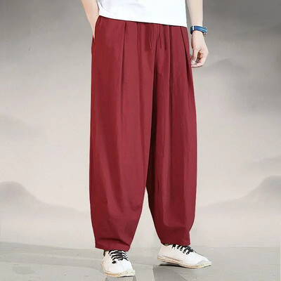 Proljeće Ljeto Ležerne muške hlače Kineski stil Široki kroj Pamučne lanene široke hlače Harem hlače