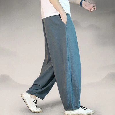 Proljeće Ljeto Ležerne muške hlače Kineski stil Široki kroj Pamučne lanene široke hlače Harem hlače