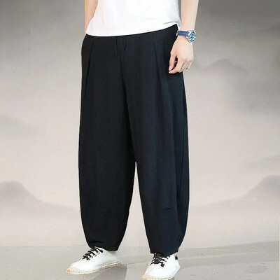 Proljeće Ljeto Ležerne muške hlače Kineski stil Široki kroj Pamučne lanene široke hlače Harem hlače