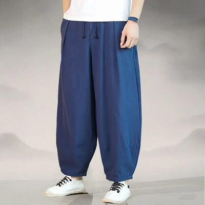 Proljeće Ljeto Ležerne muške hlače Kineski stil Široki kroj Pamučne lanene široke hlače Harem hlače