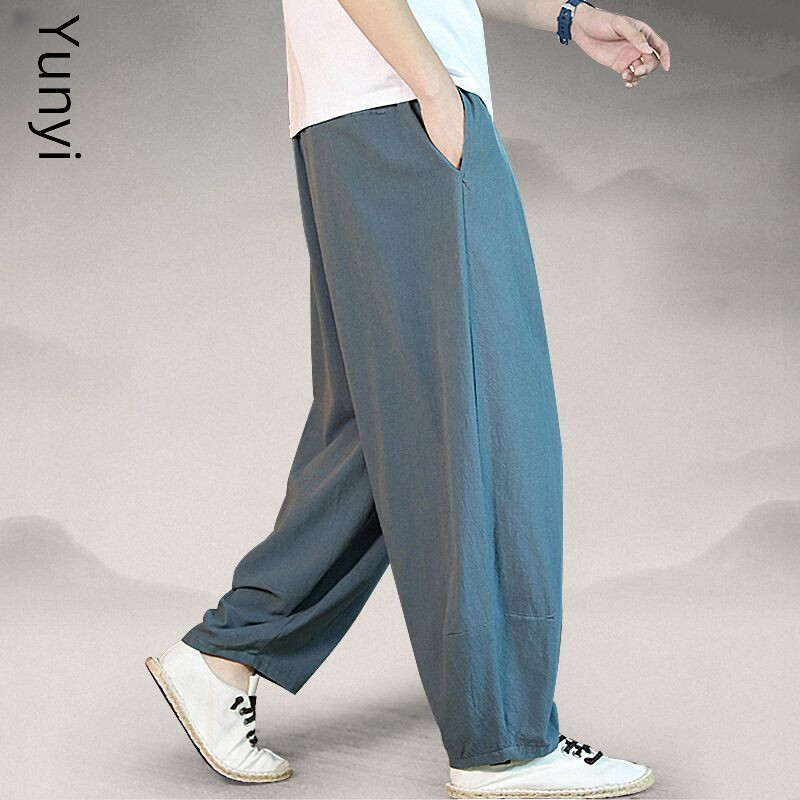 Proljeće Ljeto Ležerne muške hlače Kineski stil Široki kroj Pamučne lanene široke hlače Harem hlače