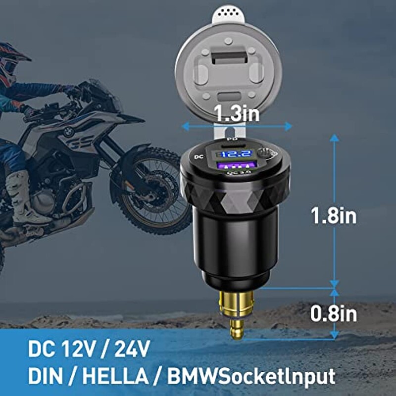 DIN Hella spraudnis pie USB C PD 3.0 QC 3.0 USB lādētāja strāvas adaptera voltmetrs ar ieslēgšanas-izslēgšanas slēdzi BMW Ducati Triumph motociklam