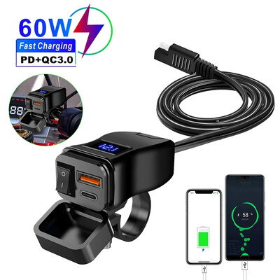 PD QC3.0 Încărcător rapid USB pentru motociclete 60W Ghidon Priză USB duală cu întrerupător Voltmetru Adaptor sursă de alimentare 12V impermeabil