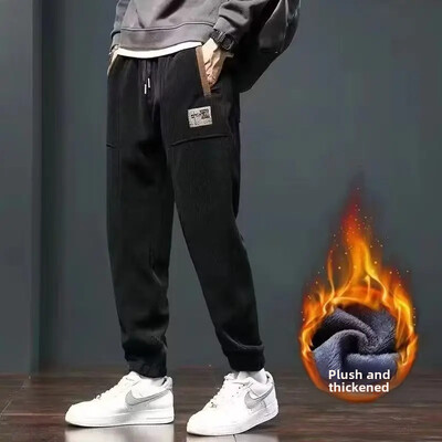 Toamnă/iarnă Pantaloni casual bărbați din velur Pantaloni de sport cu picioare drepte Pantaloni cargo căptușiți cu fleece, cu o formă lejeră Stil mai voluminos pentru bărbați