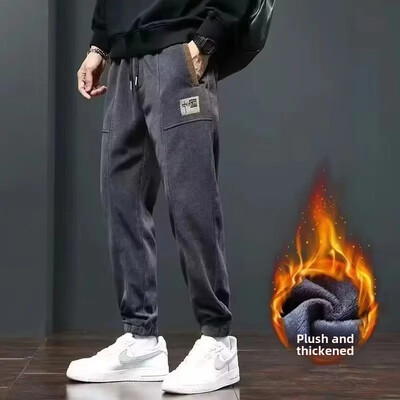 Toamnă/iarnă Pantaloni casual bărbați din velur Pantaloni de sport cu picioare drepte Pantaloni cargo căptușiți cu fleece, cu o formă lejeră Stil mai voluminos pentru bărbați