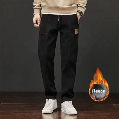 Toamnă/iarnă Pantaloni casual bărbați din velur Pantaloni de sport cu picioare drepte Pantaloni cargo căptușiți cu fleece, cu o formă lejeră Stil mai voluminos pentru bărbați