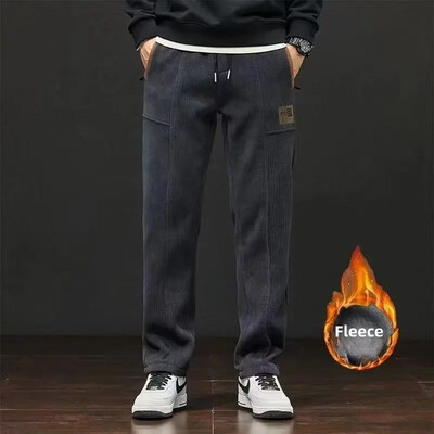 Toamnă/iarnă Pantaloni casual bărbați din velur Pantaloni de sport cu picioare drepte Pantaloni cargo căptușiți cu fleece, cu o formă lejeră Stil mai voluminos pentru bărbați