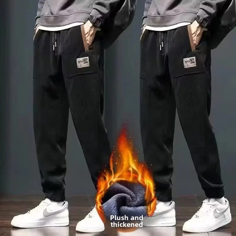 Toamnă/iarnă Pantaloni casual bărbați din velur Pantaloni de sport cu picioare drepte Pantaloni cargo căptușiți cu fleece, cu o formă lejeră Stil mai voluminos pentru bărbați