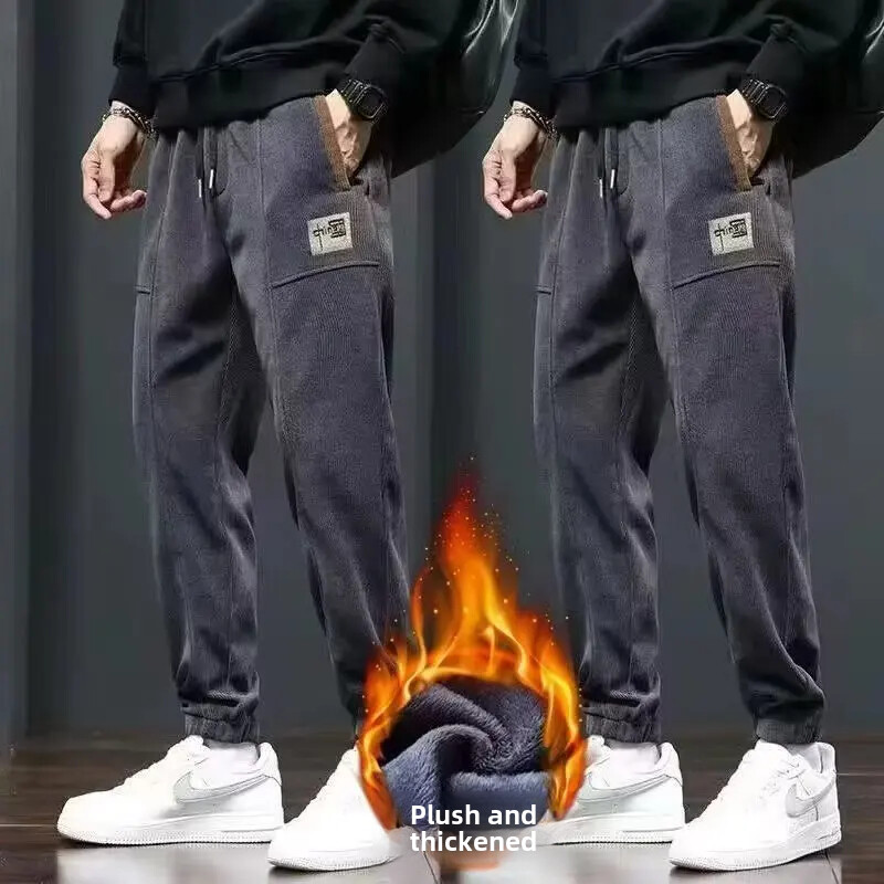 Toamnă/iarnă Pantaloni casual bărbați din velur Pantaloni de sport cu picioare drepte Pantaloni cargo căptușiți cu fleece, cu o formă lejeră Stil mai voluminos pentru bărbați