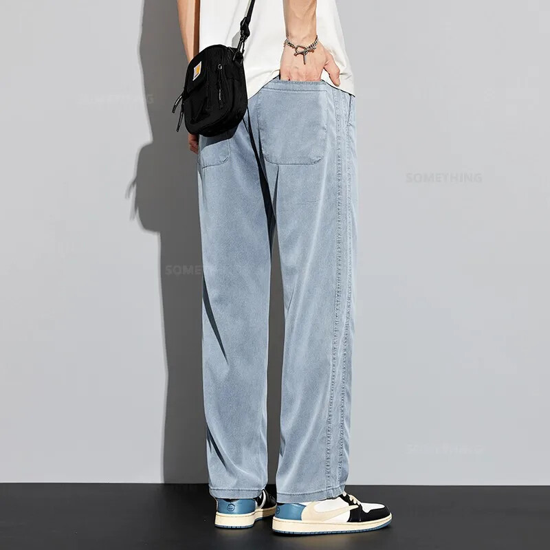 2024. gada jaunas vīriešu mīkstas liocela bikses elastīgas jostasvietas savelkamās bikses platas, taisnas, vīriešu ledus zīda ikdienas bikses, liela izmēra 4XL