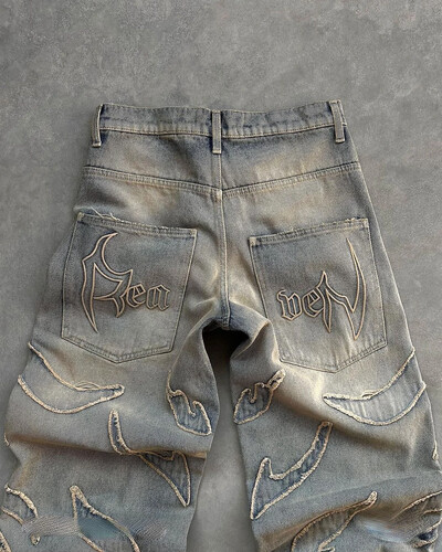 Gatvės apranga Distressed Patchwork Baggy Džinsai vyrams Y2k Vintage Raw Edge Siuvinėjimai Džinsinės kelnės moteriškos tiesios plačios kelnės