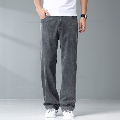 Vasaras ledus zīda plāni gaiši pelēki džinsi vīriešiem brīvas platas kājas liela izmēra ikdienas bikses augstas kvalitātes elastīga mīksta auduma bikses