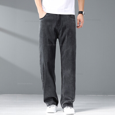 Vasaras ledus zīda plāni gaiši pelēki džinsi vīriešiem brīvas platas kājas liela izmēra ikdienas bikses augstas kvalitātes elastīga mīksta auduma bikses