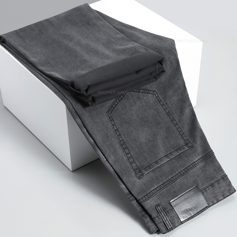 Vasaras ledus zīda plāni gaiši pelēki džinsi vīriešiem brīvas platas kājas liela izmēra ikdienas bikses augstas kvalitātes elastīga mīksta auduma bikses