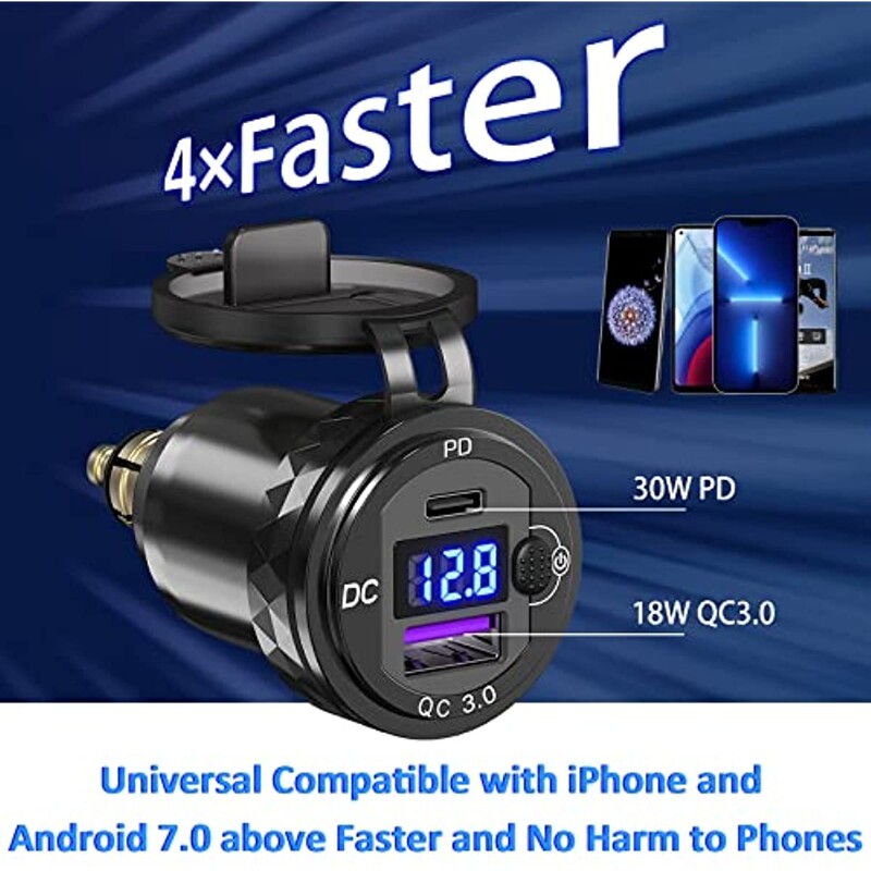 Vodootporni Hella Din utikač na USB ON-Off prekidač 30W USB C PD3.0 QC3.0 Quick Charge Voltmetar Ducati Triumph BMW motocikl