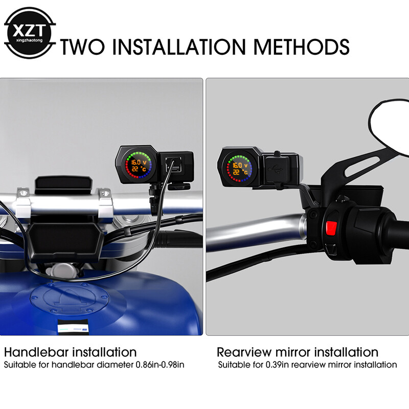 QC3.0 Încărcător dublu USB tip C pentru motociclete Încărcare rapidă Voltmetru Termometru Afișaj digital 3.4A Priză încărcător pentru telefon mobil