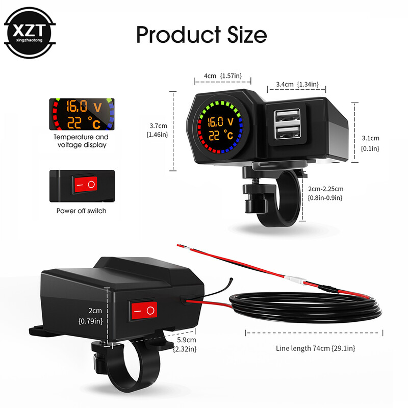 QC3.0 Încărcător dublu USB tip C pentru motociclete Încărcare rapidă Voltmetru Termometru Afișaj digital 3.4A Priză încărcător pentru telefon mobil