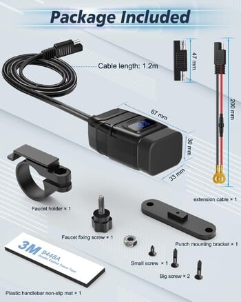 Extractme Motorcycle USB Fast Cellular Charger Waterproof Type C Port Socket Connector with LED Voltmeter Digital For Bike, Moto