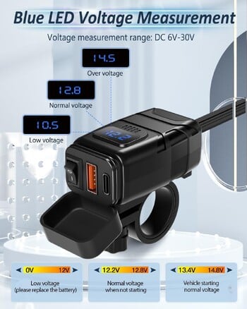 Extractme Motorcycle USB Fast Cellular Charger Waterproof Type C Port Socket Connector with LED Voltmeter Digital For Bike, Moto