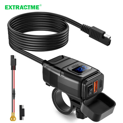 Extractme Motorcycle USB Fast Cellular Charger Waterproof Type C Port Socket Connector with LED Voltmeter Digital For Bike, Moto